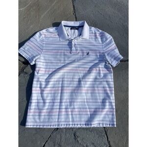 Nautica White Polo Shirt Men XL Blue Striped Anchor Classic Short Sleeve